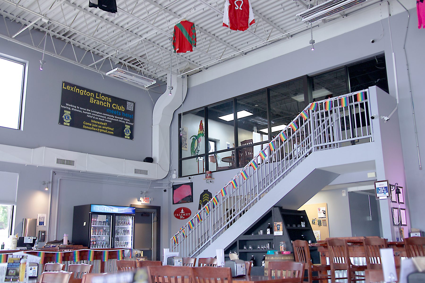Stairs to the upstairs area at Black-Type Brewing